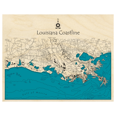 Bathymetric topo map of Gulf Coast, LA with roads, towns and depths noted in blue water.