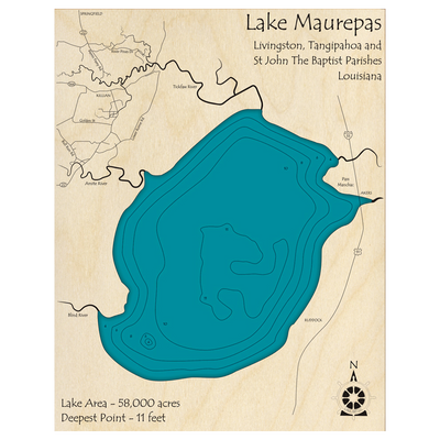 Bathymetric topo map of Lake Maurepas, LA with roads, towns and depths noted in blue water.
