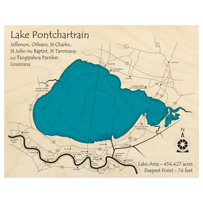 Bathymetric topo map of Lake Pontchartrain, LA with roads, towns and depths noted in blue water.