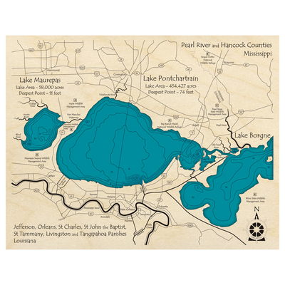 Bathymetric topo map of Lake Pontchartrain, LA with roads, towns and depths noted in blue water.