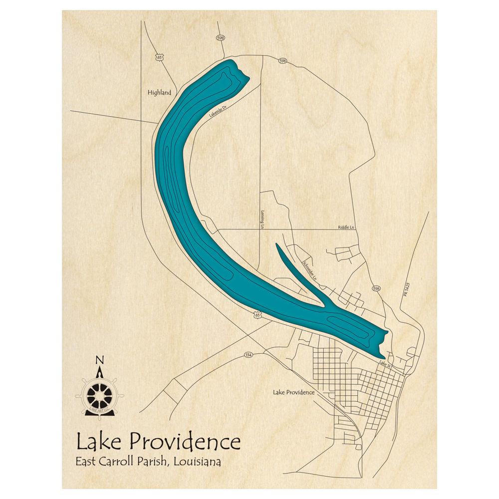 Bathymetric topo map of Lake Providence, LA with roads, towns and depths noted in blue water.