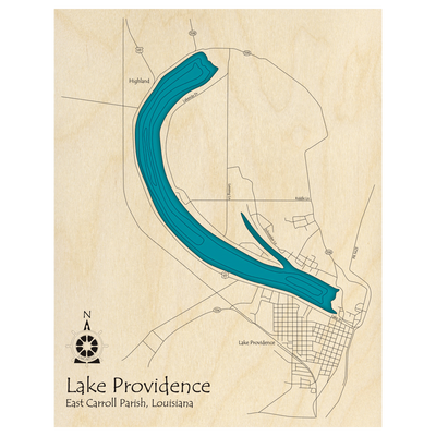 Bathymetric topo map of Lake Providence, LA with roads, towns and depths noted in blue water.