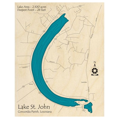 Bathymetric topo map of Lake St John, LA with roads, towns and depths noted in blue water.