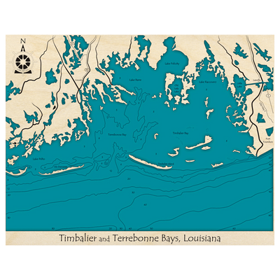 Bathymetric topo map of Timbalier and Terrebonne Bays, LA with roads, towns and depths noted in blue water.