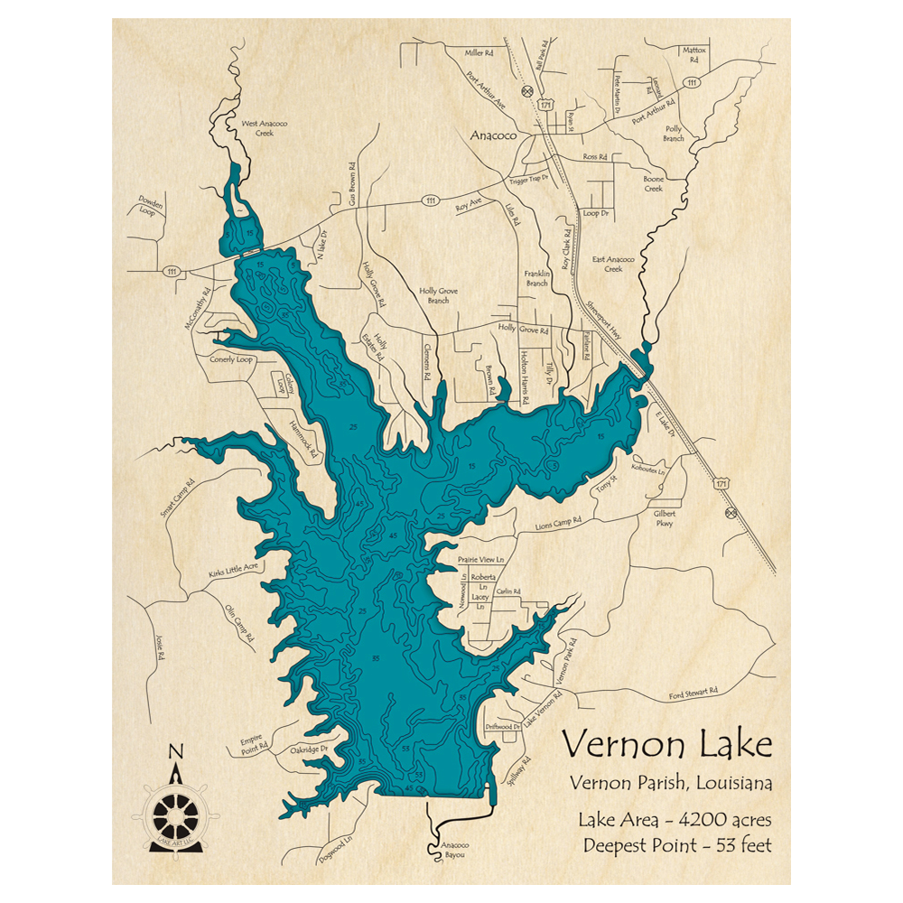Bathymetric topo map of Vernon Lake, LA with roads, towns and depths noted in blue water.