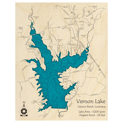 Bathymetric topo map of Vernon Lake, LA with roads, towns and depths noted in blue water.