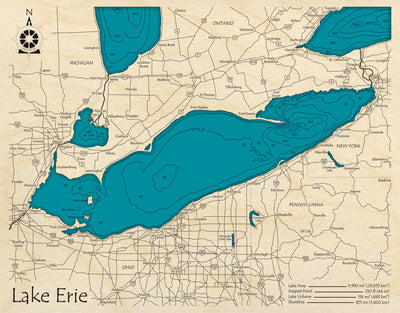 Bathymetric topo map of Lake Erie with roads, towns and depths noted in blue water.