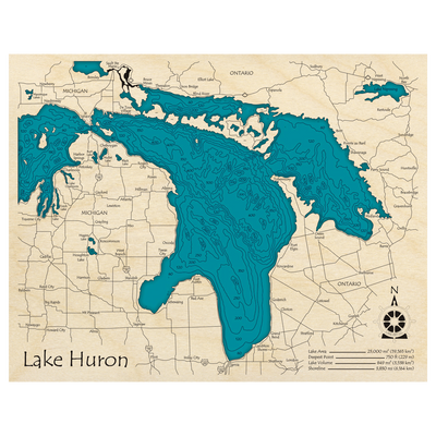 Bathymetric topo map of Lake Huron with roads, towns and depths noted in blue water.