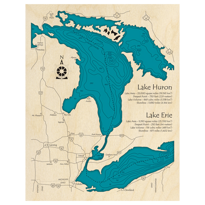 Bathymetric topo map of Lake Huron with roads, towns and depths noted in blue water.