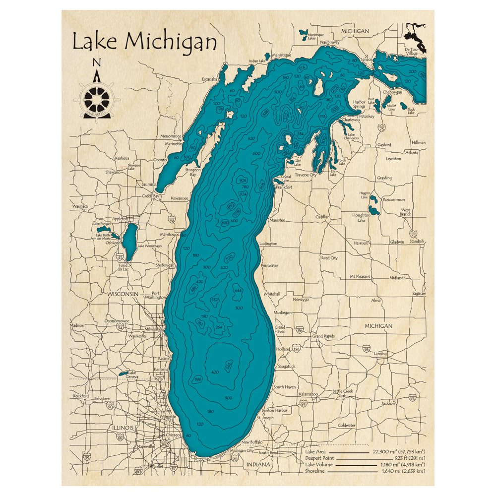 Bathymetric topo map of Lake Michigan with roads, towns and depths noted in blue water.