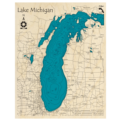 Bathymetric topo map of Lake Michigan with roads, towns and depths noted in blue water.