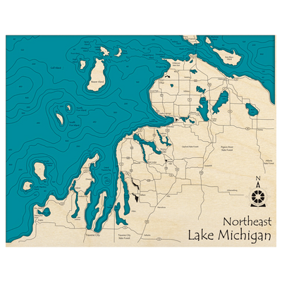 Bathymetric topo map of Northeast Lake Michigan with roads, towns and depths noted in blue water.