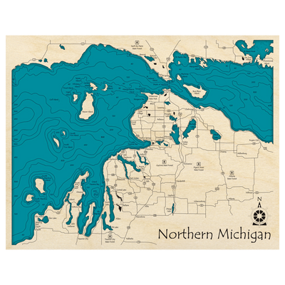 Bathymetric topo map of Northern Michigan with roads, towns and depths noted in blue water.
