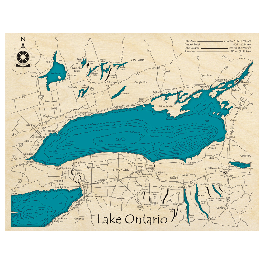 Bathymetric topo map of Lake Ontario with roads, towns and depths noted in blue water.