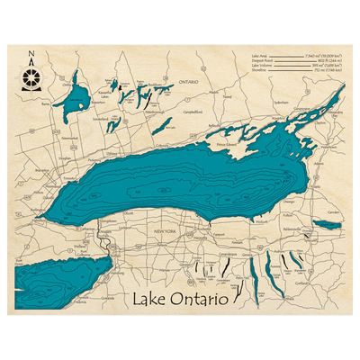 Bathymetric topo map of Lake Ontario with roads, towns and depths noted in blue water.
