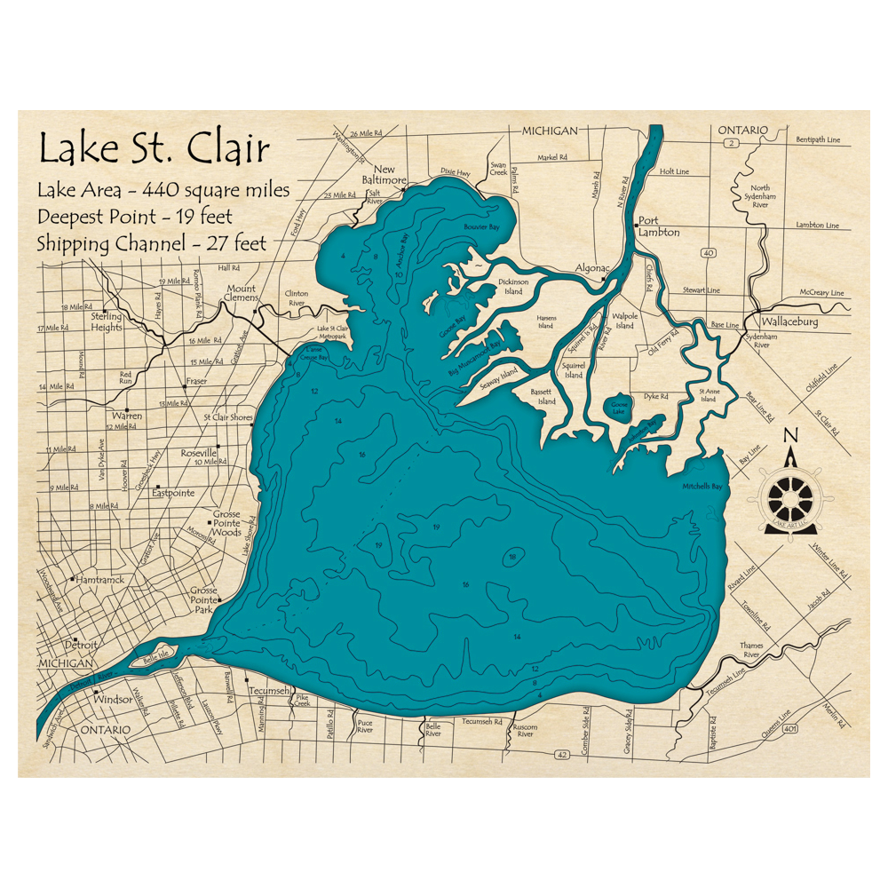 Bathymetric topo map of Lake St Clair with roads, towns and depths noted in blue water.