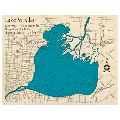 Bathymetric topo map of Lake St Clair with roads, towns and depths noted in blue water.