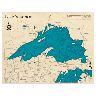 Bathymetric topo map of Lake Superior with roads, towns and depths noted in blue water.