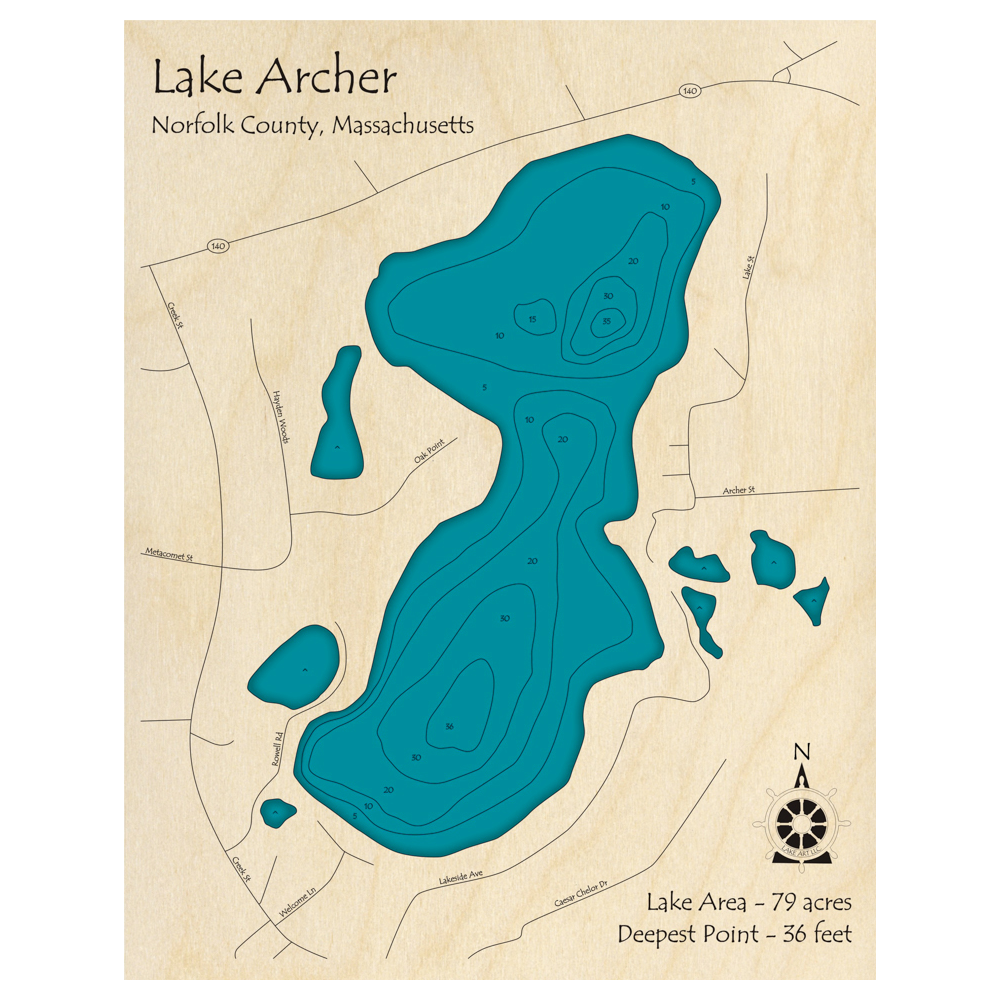 Lake Archer, Massachusetts 3D Custom Wood Map – Lake Art LLC