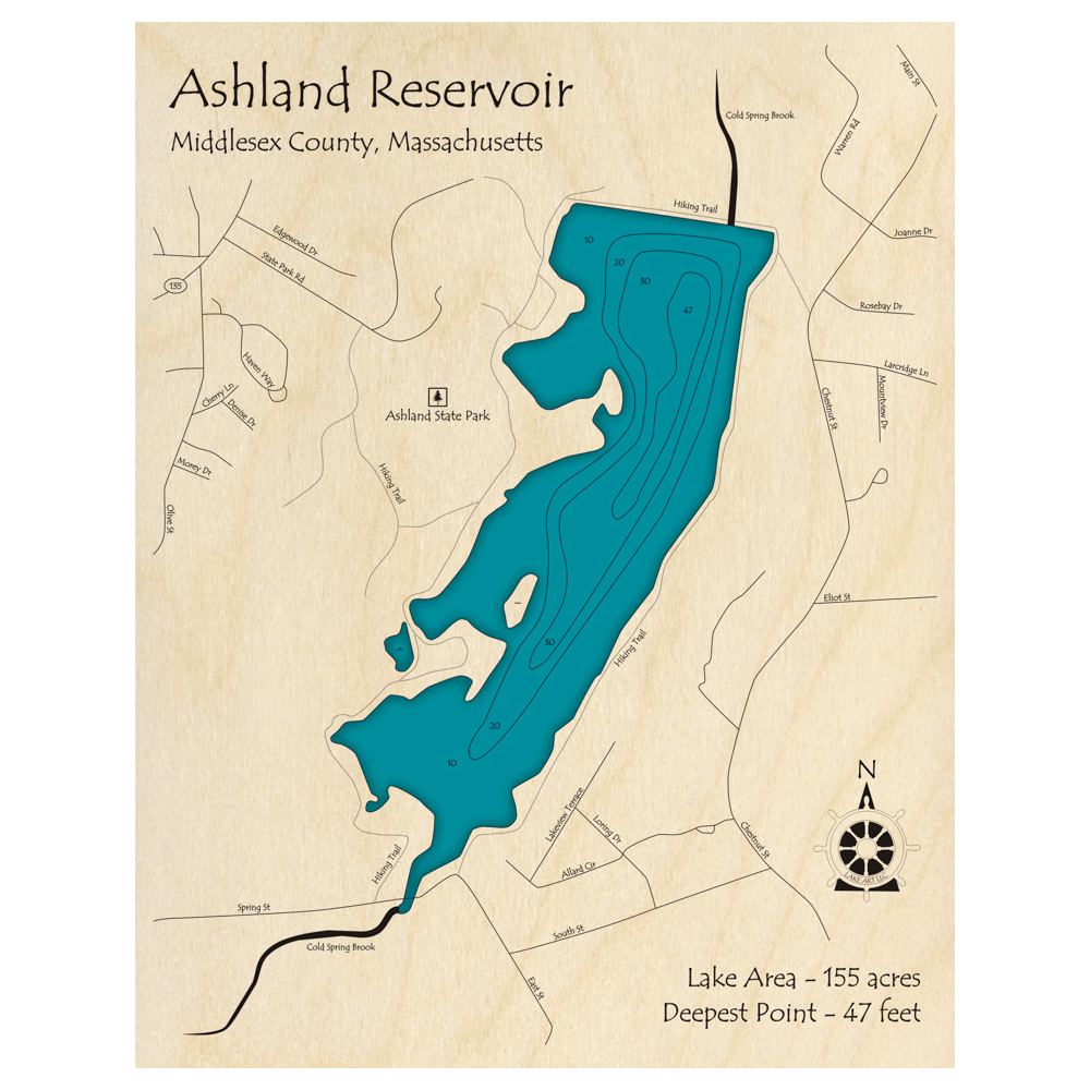 Bathymetric topo map of Ashland Reservoir, MA with roads, towns and depths noted in blue water.