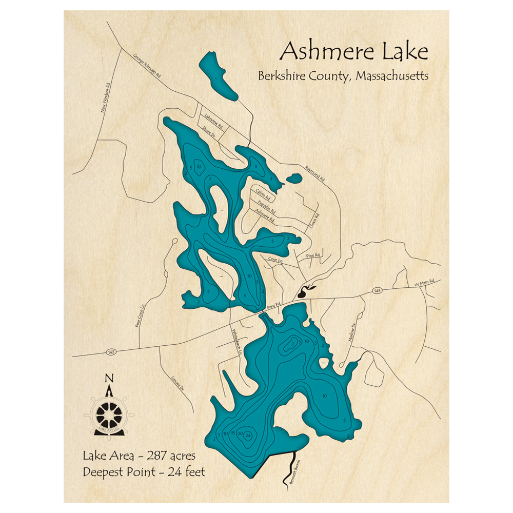 Bathymetric topo map of Ashmere Lake, MA with roads, towns and depths noted in blue water.