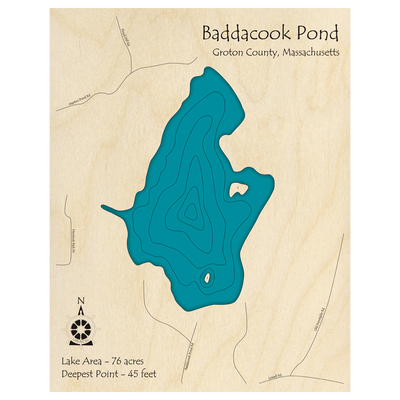 Bathymetric topo map of Baddacook Pond, MA with roads, towns and depths noted in blue water.