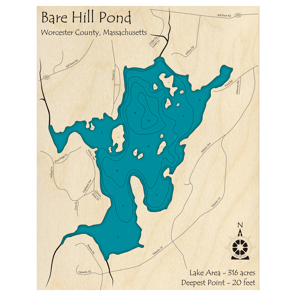 Bathymetric topo map of Bare Hill Pond, MA with roads, towns and depths noted in blue water.