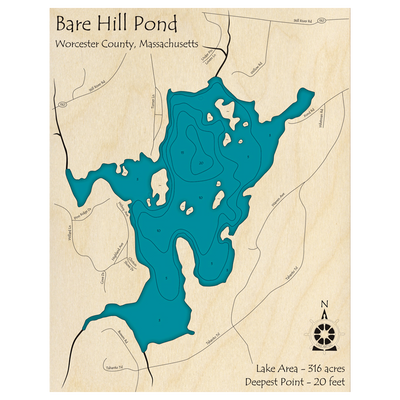 Bathymetric topo map of Bare Hill Pond, MA with roads, towns and depths noted in blue water.