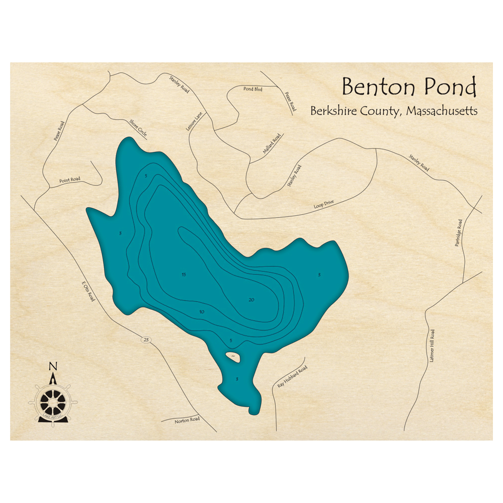 Bathymetric topo map of Benton Pond, MA with roads, towns and depths noted in blue water.