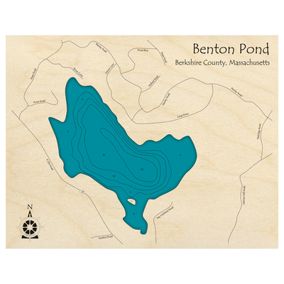 Bathymetric topo map of Benton Pond, MA with roads, towns and depths noted in blue water.