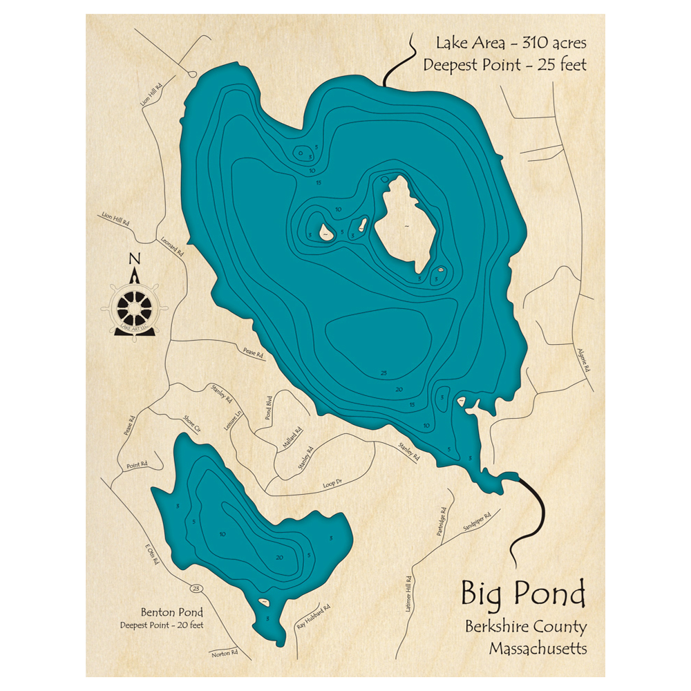 Bathymetric topo map of Big Pond, MA with roads, towns and depths noted in blue water.