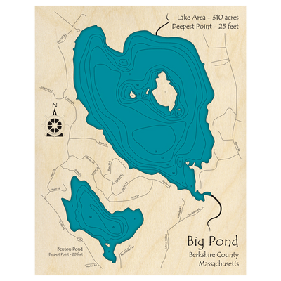 Bathymetric topo map of Big Pond, MA with roads, towns and depths noted in blue water.