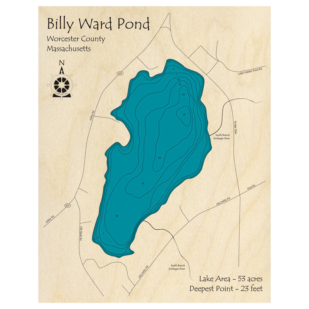 Bathymetric topo map of Billy Ward Pond, MA with roads, towns and depths noted in blue water.