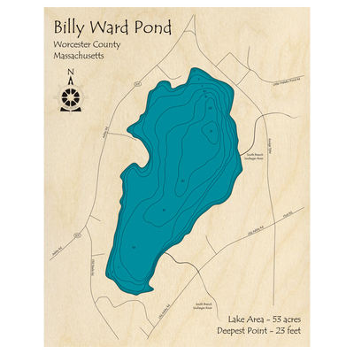 Bathymetric topo map of Billy Ward Pond, MA with roads, towns and depths noted in blue water.