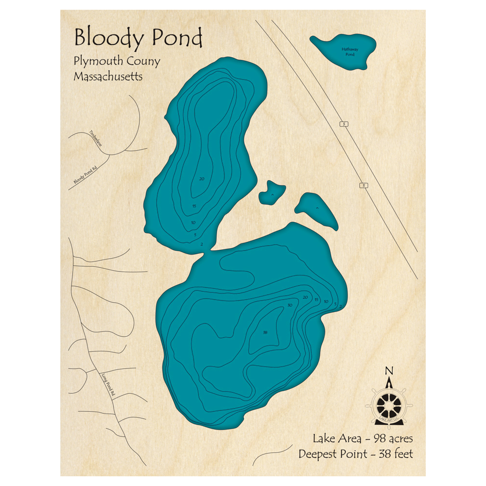 Bathymetric topo map of Bloody Pond, MA with roads, towns and depths noted in blue water.