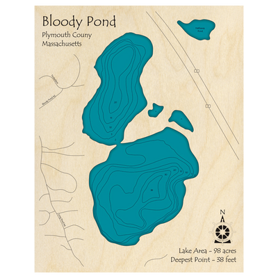 Bathymetric topo map of Bloody Pond, MA with roads, towns and depths noted in blue water.