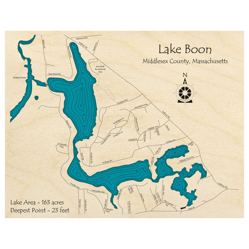 Bathymetric topo map of Lake Boon, MA with roads, towns and depths noted in blue water.