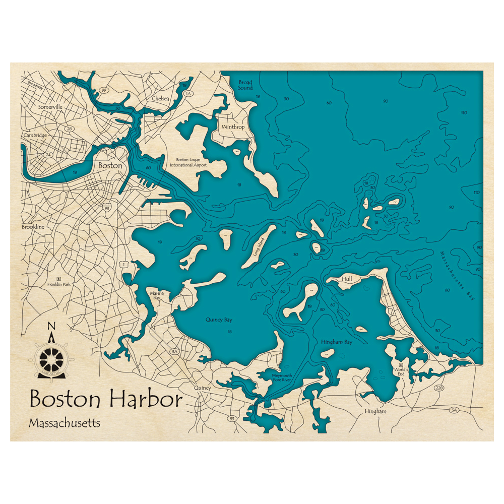 Bathymetric topo map of Boston Harbor, MA with roads, towns and depths noted in blue water.
