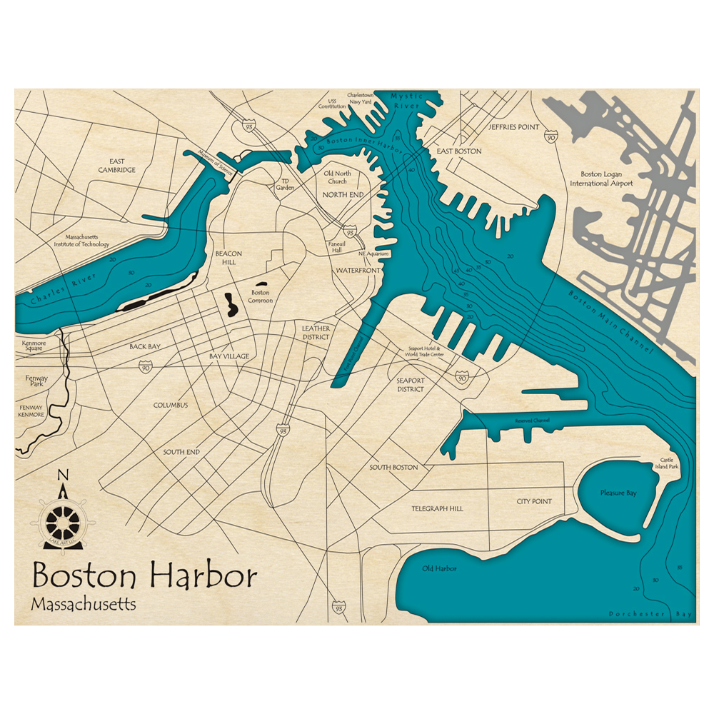 Bathymetric topo map of Boston Harbor, MA with roads, towns and depths noted in blue water.