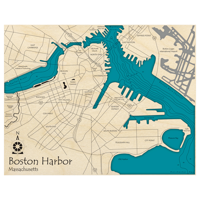 Bathymetric topo map of Boston Harbor, MA with roads, towns and depths noted in blue water.