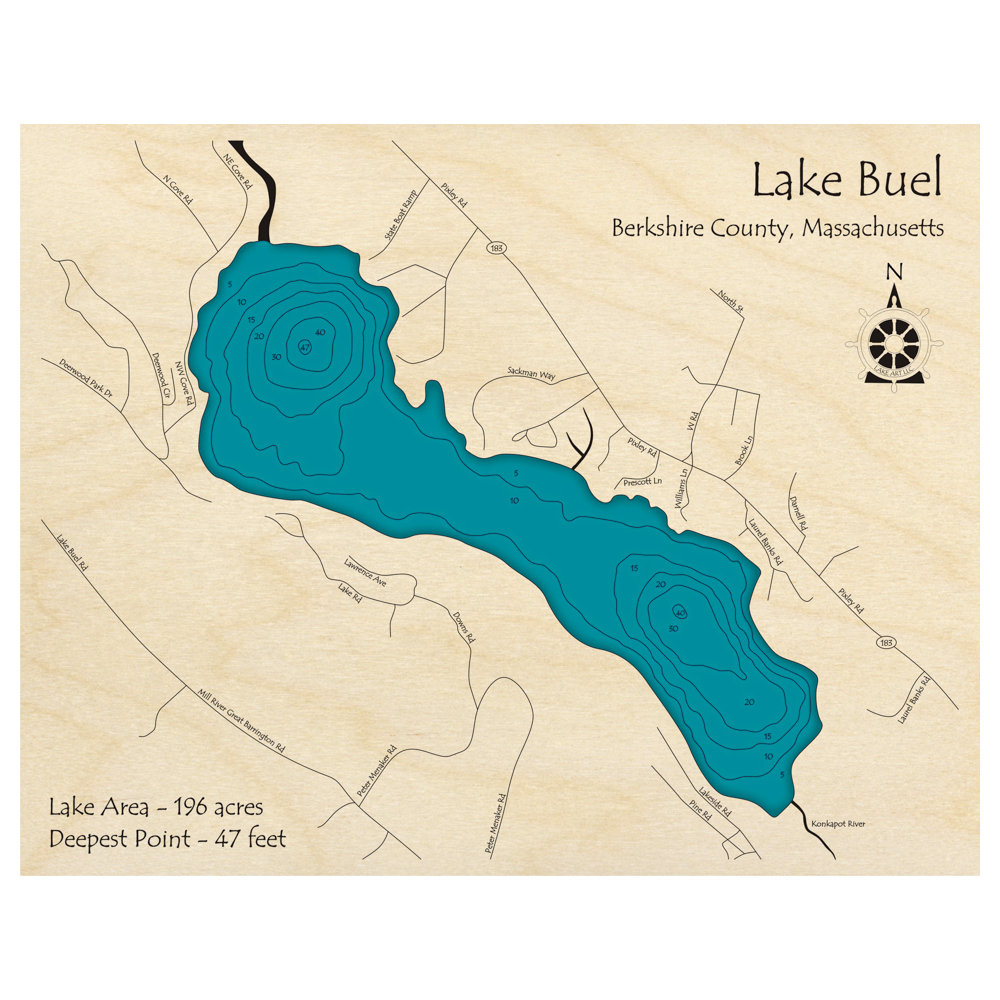 Bathymetric topo map of Lake Buel, MA with roads, towns and depths noted in blue water.
