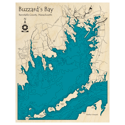 Bathymetric topo map of Buzzards Bay, MA with roads, towns and depths noted in blue water.