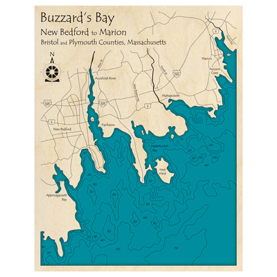 Bathymetric topo map of Buzzards Bay, MA with roads, towns and depths noted in blue water.
