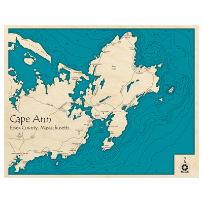 Bathymetric topo map of Cape Ann, MA with roads, towns and depths noted in blue water.