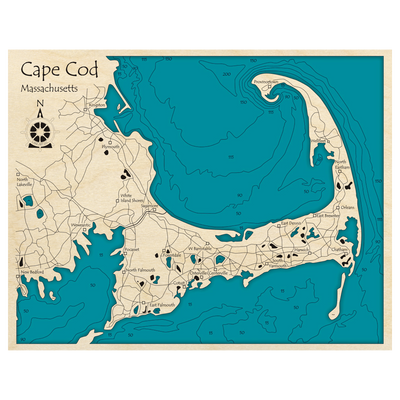 Bathymetric topo map of Cape Cod Bay, MA with roads, towns and depths noted in blue water.