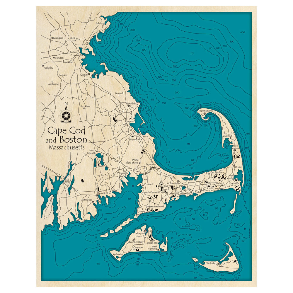 Bathymetric topo map of Cape Cod, MA with roads, towns and depths noted in blue water.