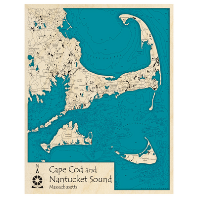 Bathymetric topo map of Cape Cod Bay and Nantucket Sound, MA with roads, towns and depths noted in blue water.