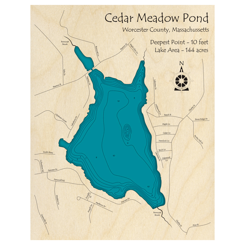 Bathymetric topo map of Cedar Meadow Pond, MA with roads, towns and depths noted in blue water.