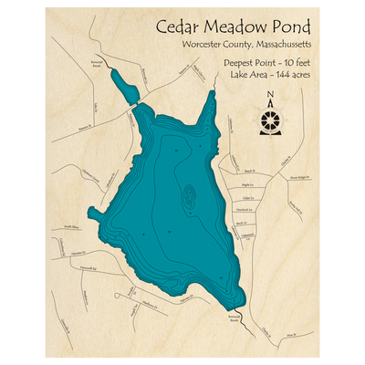Bathymetric topo map of Cedar Meadow Pond, MA with roads, towns and depths noted in blue water.