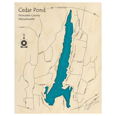 Bathymetric topo map of Cedar Pond, MA with roads, towns and depths noted in blue water.